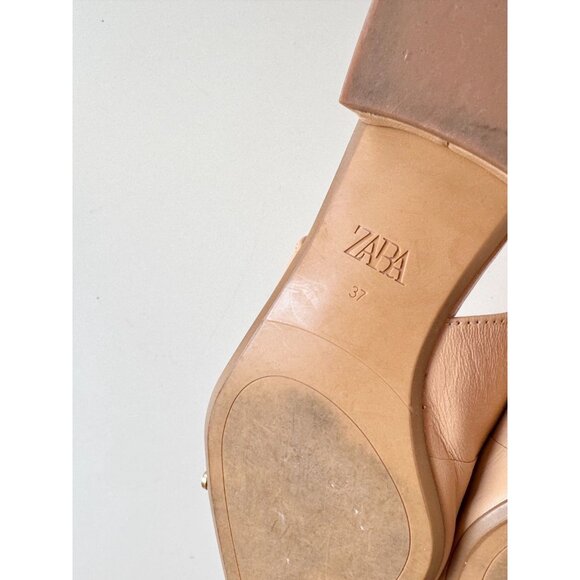 ZARA Tan Beige Leather Pearl Trim Pointed Toe Slingback Ballet Flats, Size 37 - Picture 12 of 14